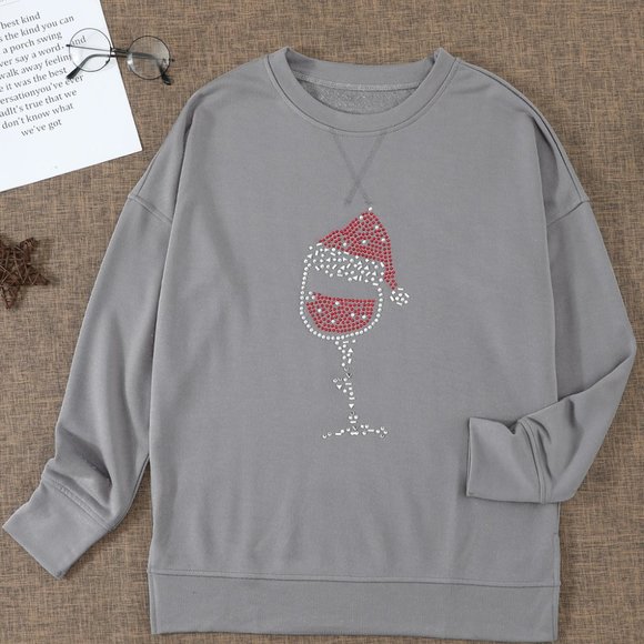 Rhinestone studded embellished Christmas Santa Wine Glass Sweatshirt - Picture 14 of 16